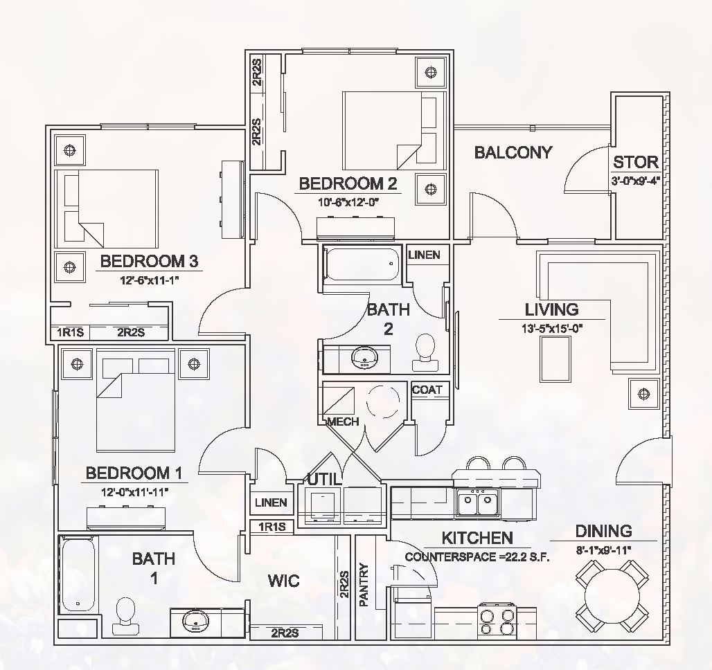 3 Bed 2 Bath Floor Plan